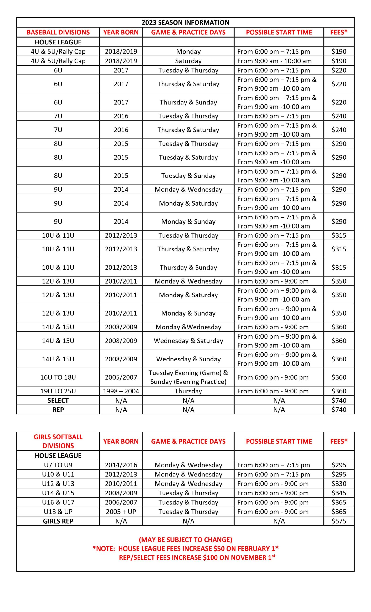 2023 Season Information 2023 Season Information